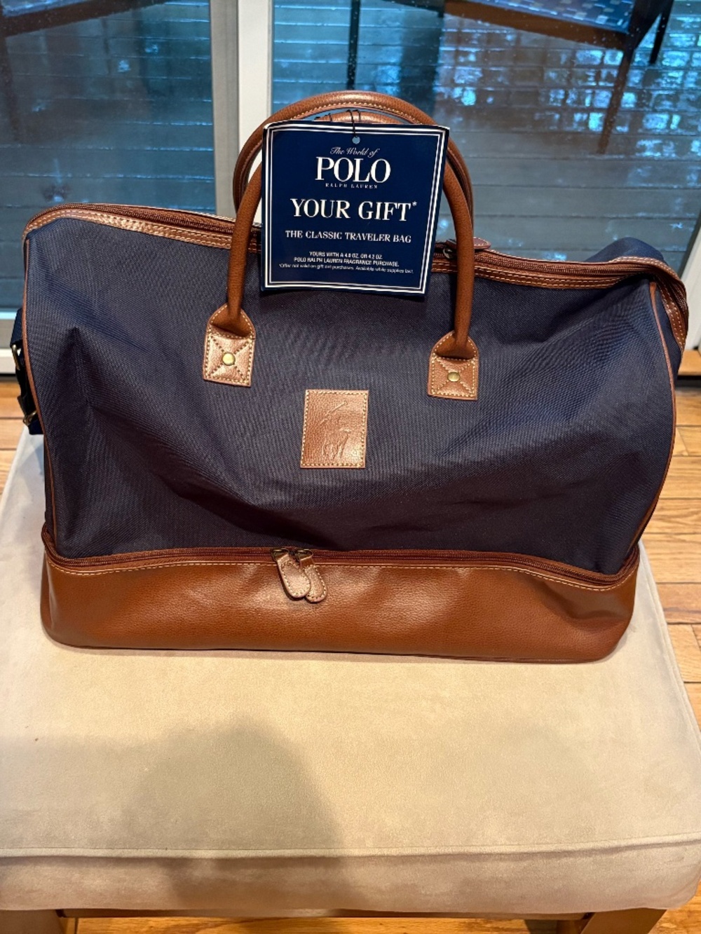 NWT - POLO NAVY BLUE CANVAS TRAVEL BAG WITH LEATHER HANDLES, TRIM & BOTTOM - NWT